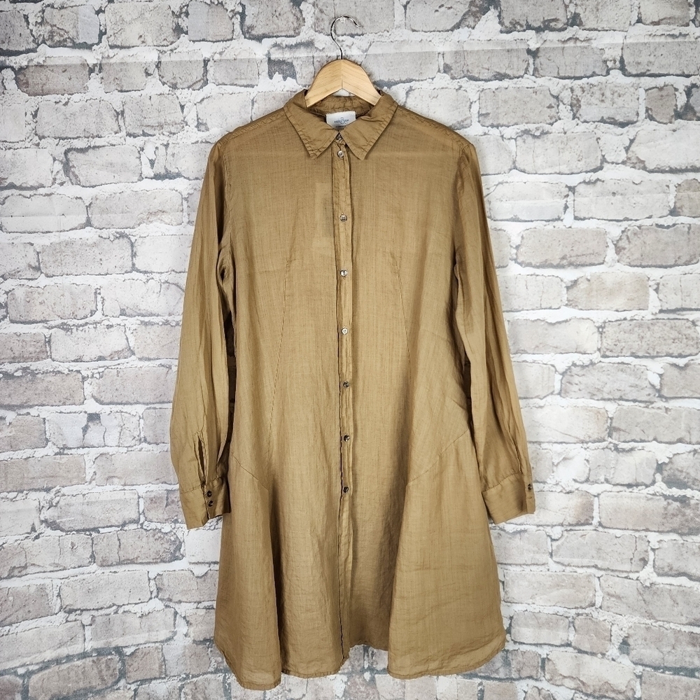 ottod'ame Button Front Fit and Flare Midi Shirt Dress Tan Ramie Size 10/12